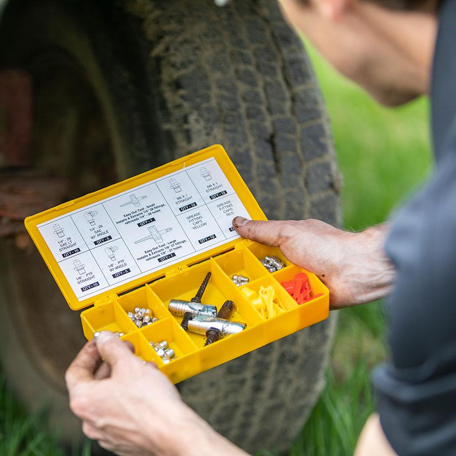 Complete Grease Fitting Replacement Kit - SAE and metric Zerks, multi-tools, fitting caps